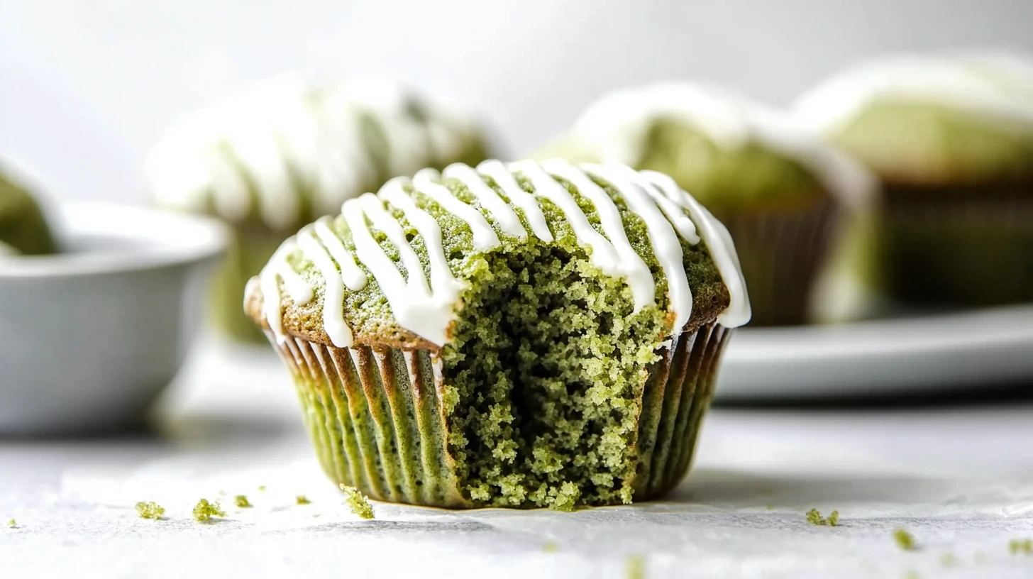 Green matcha muffin made with almond flour, drizzled with white icing, with a bite taken out, showing a moist and fluffy texture.