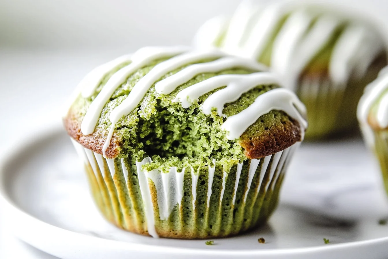 A close-up of a matcha muffin topped with a white icing drizzle, with a bite taken out to reveal its soft green crumb, placed on a white plate.