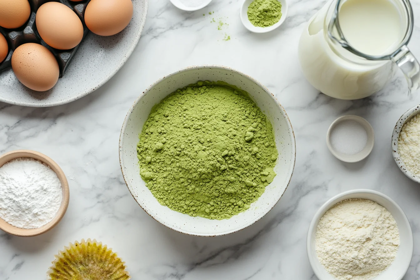 Bowl of vibrant matcha powder surrounded by baking ingredients like eggs, flour, and milk on a marble countertop.