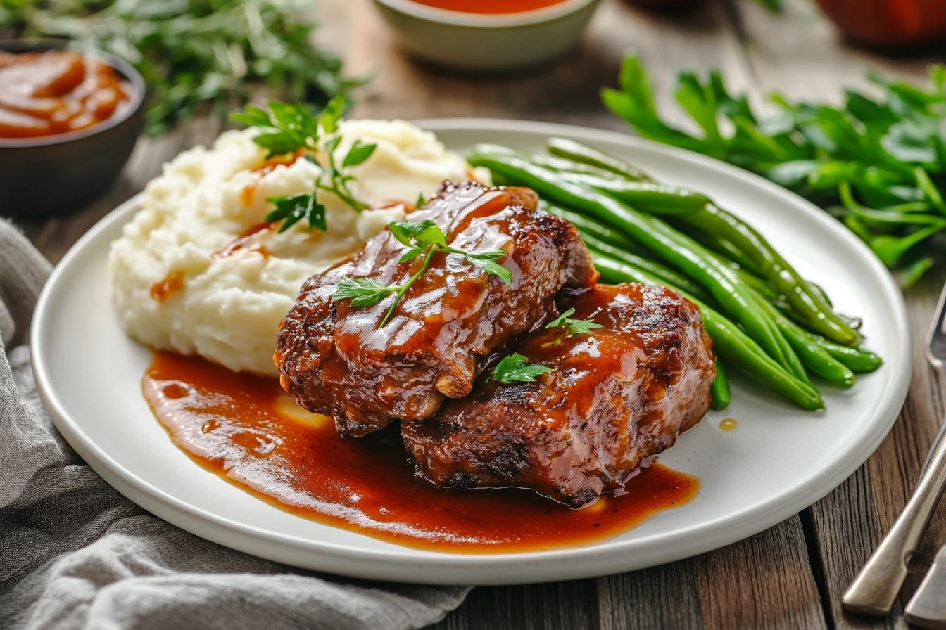 A plate of perfectly cooked boneless short ribs glazed with a rich sauce, served with creamy mashed potatoes and tender green beans, garnished with fresh parsley.