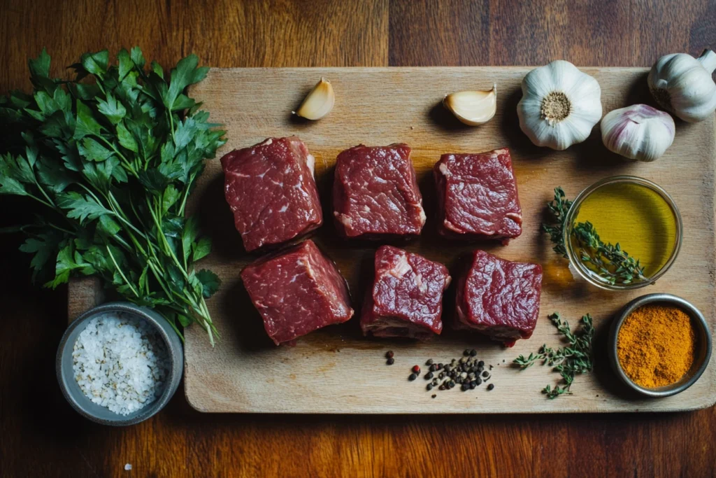 Raw boneless short ribs placed on a wooden cutting board surrounded by fresh parsley, garlic cloves, olive oil, thyme, coarse salt, black pepper, and turmeric.