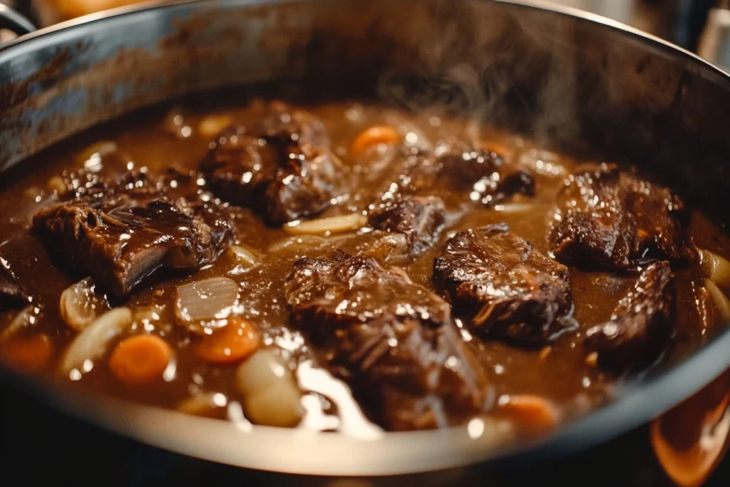 Boneless short ribs simmering in a rich, brown braising liquid with carrots, onions, and aromatic seasonings in a large pot.