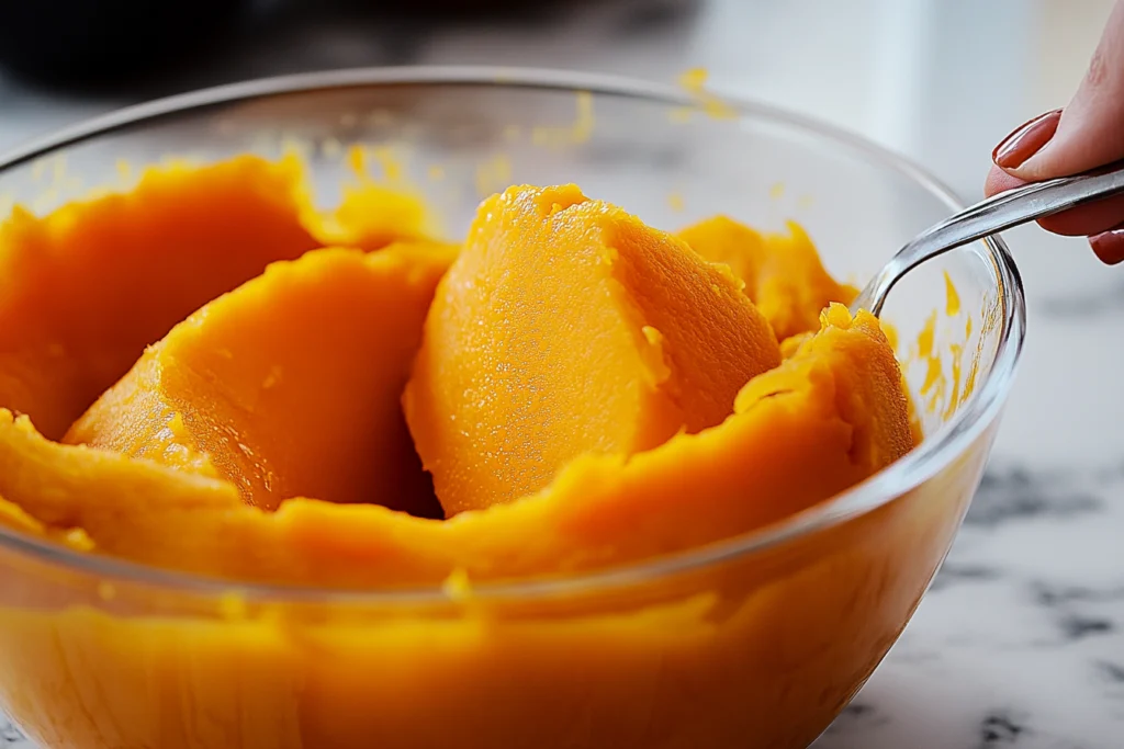 Close-up of freshly prepared pumpkin puree in a glass bowl with a spoon scooping a creamy portion.