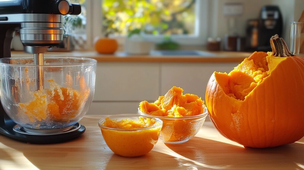 Fresh pumpkin puree being blended in a stand mixer bowl, with scooped-out pumpkin flesh and a halved pumpkin on a wooden countertop in a sunlit kitchen.