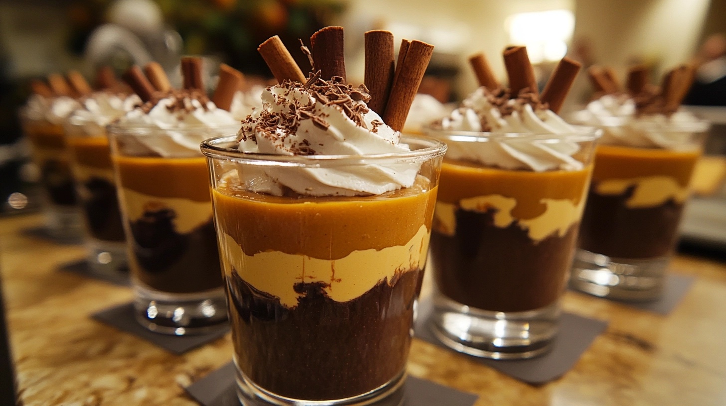 Glasses of pumpkin puree and dark chocolate mousse topped with whipped cream, chocolate shavings, and cinnamon sticks arranged in a row on a countertop.