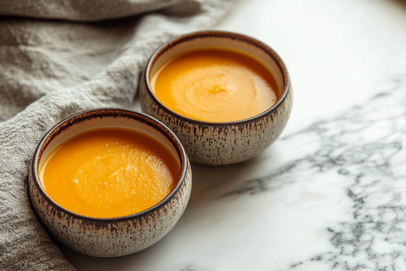 Two ceramic bowls filled with smooth pumpkin puree on a marble countertop.