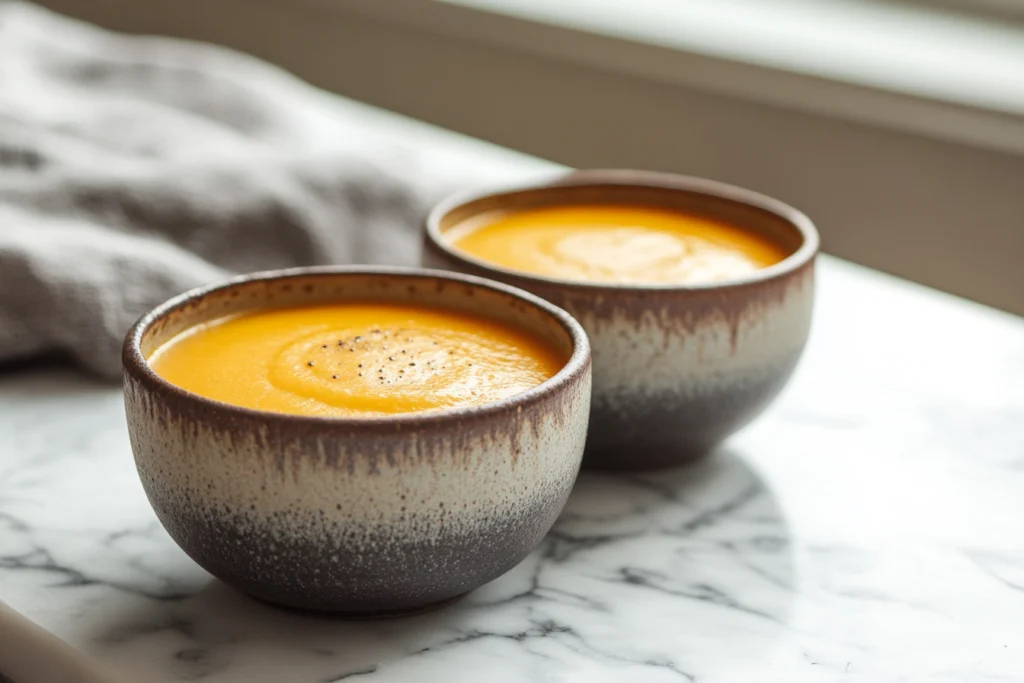 Two ceramic bowls filled with creamy pumpkin puree on a marble countertop.