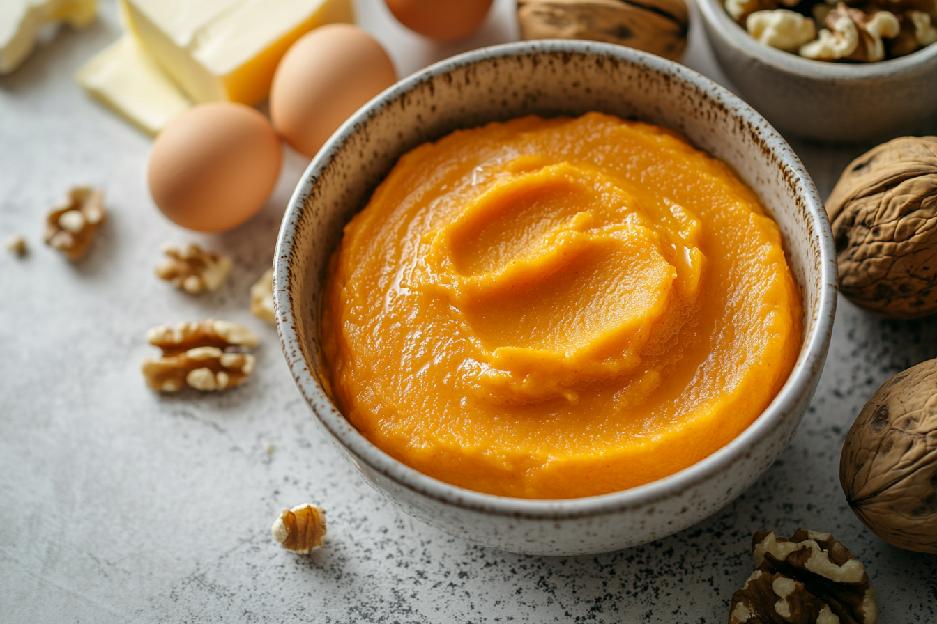 Fresh pumpkin puree in a ceramic bowl surrounded by walnuts, eggs, and butter on a textured surface.