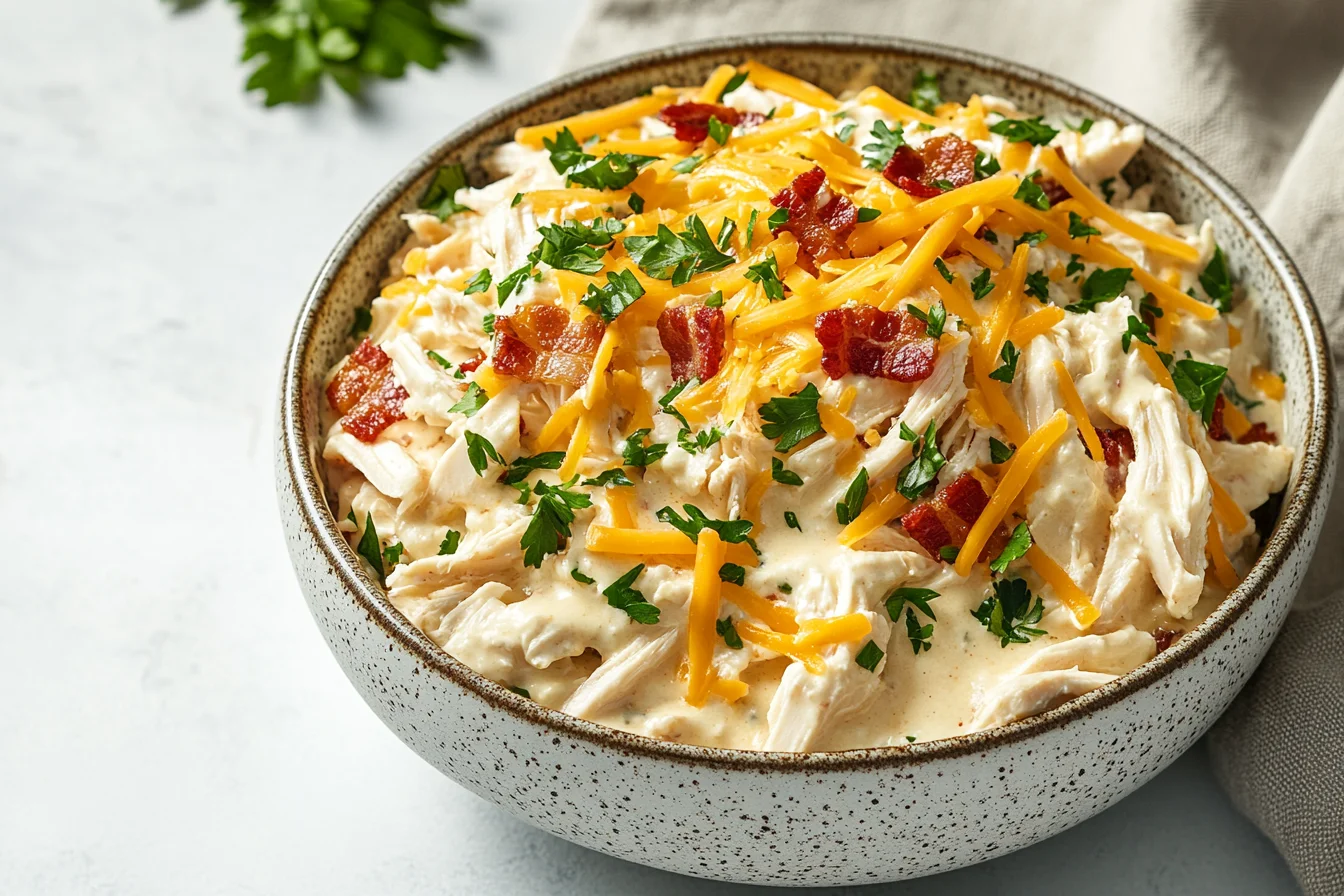 A bowl of creamy Sassy Scotty chicken salad topped with crispy bacon, shredded cheddar cheese, and fresh parsley in a speckled ceramic dish.