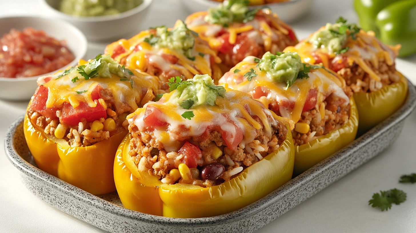 A baking dish filled with perfectly cooked stuffed yellow bell peppers topped with melted cheese, diced tomatoes, and guacamole, garnished with fresh cilantro.