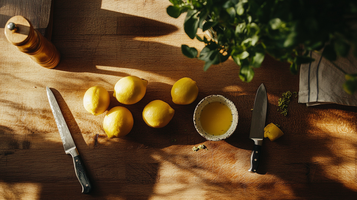 Flat-lay of fresh lemons, a bowl of lemon juice, and kitchen knives on a wooden countertop bathed in warm natural light.