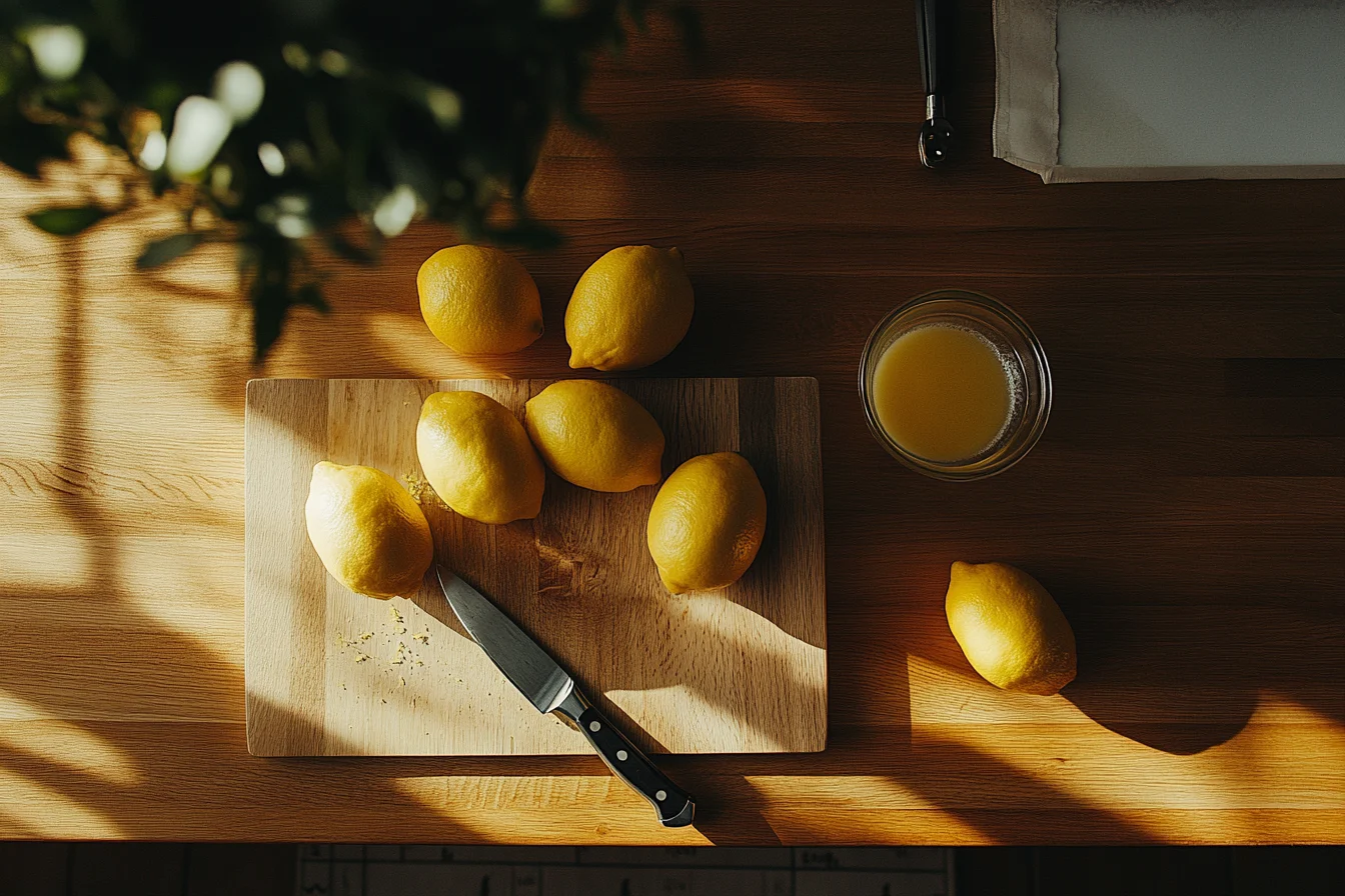 Flat-lay of fresh lemons, a bowl of lemon juice, and kitchen knives on a wooden countertop bathed in warm natural light.