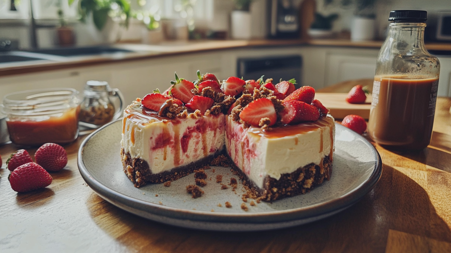 A Snickers Strawberry Cheesecake with a slice removed, showcasing creamy layers, fresh strawberries, caramel drizzle, and a chocolate crust on a rustic kitchen table.