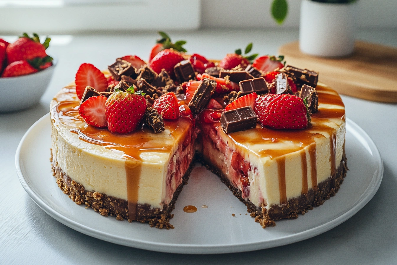 A Snickers Strawberry Cheesecake with a slice removed, showcasing creamy layers, fresh strawberries, caramel drizzle, and a chocolate crust on a rustic kitchen table.