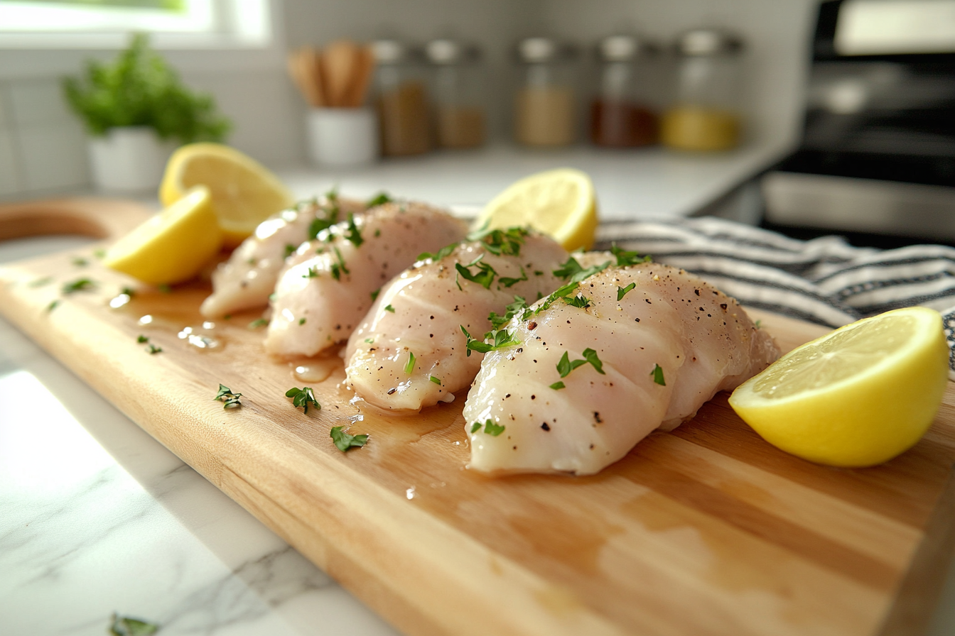 Fresh chicken breasts seasoned with black pepper and herbs, placed on a wooden cutting board with lemon halves nearby, prepared to soak chicken in lemon juice in a bright kitchen.