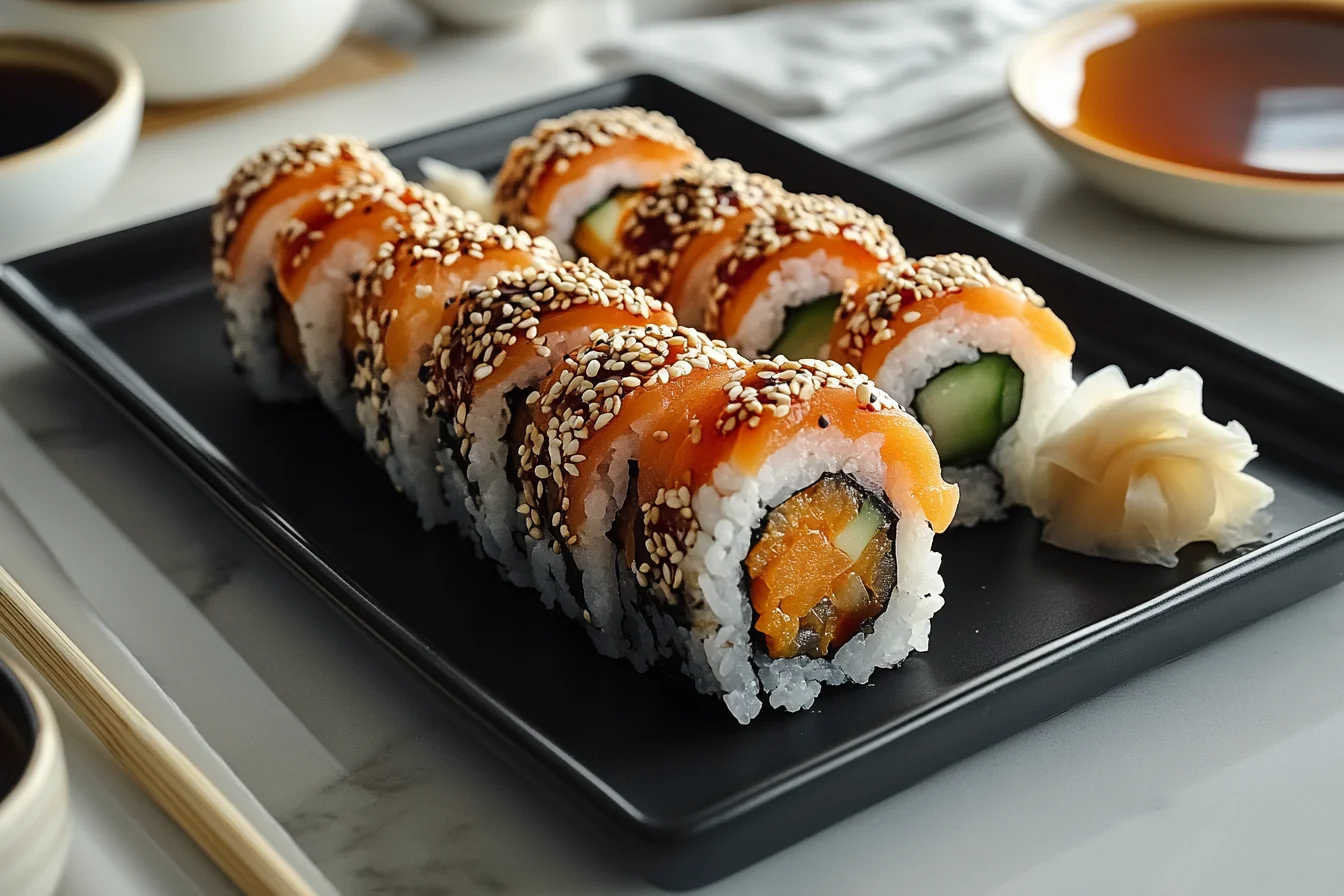 A neatly arranged Sweet Potato Sushi Roll garnished with sesame seeds and drizzled with a glossy teriyaki sauce, served on a black rectangular plate with pickled ginger on the side