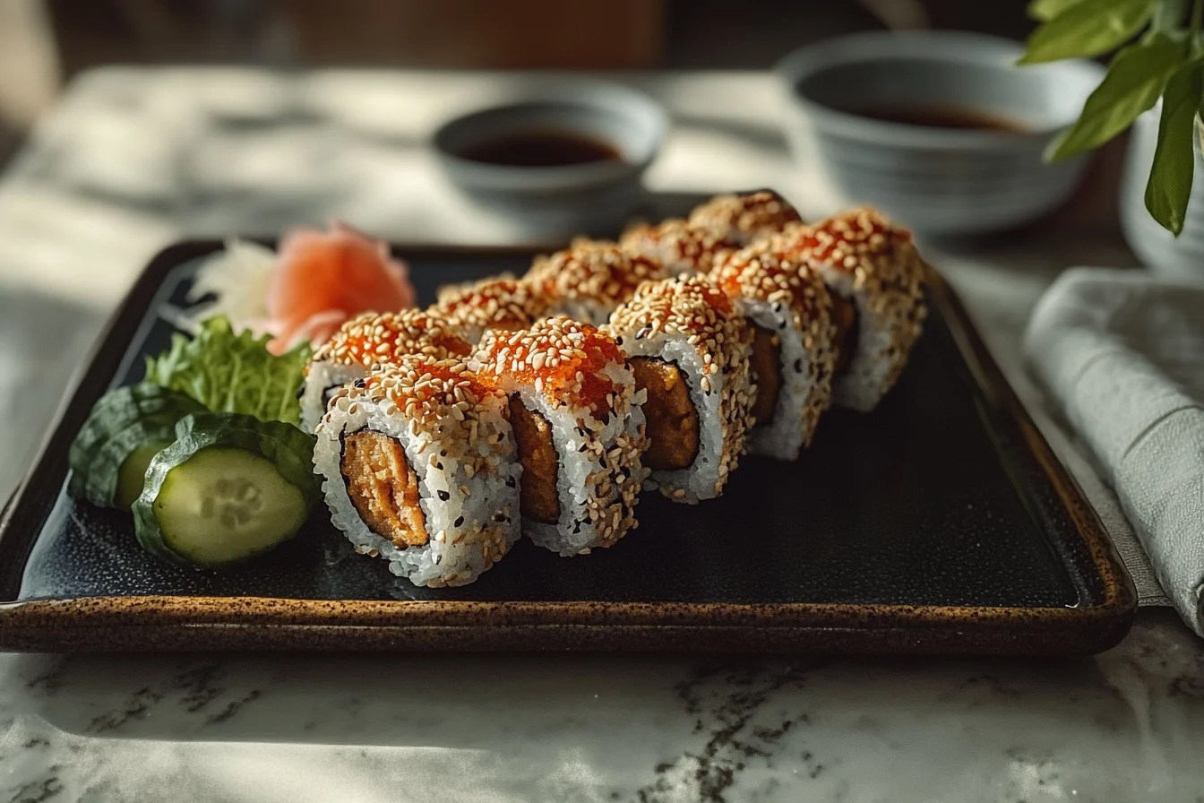 A sweet potato tempura roll garnished with sesame seeds, served with cucumber slices, pickled ginger, and soy sauce on a black plate.