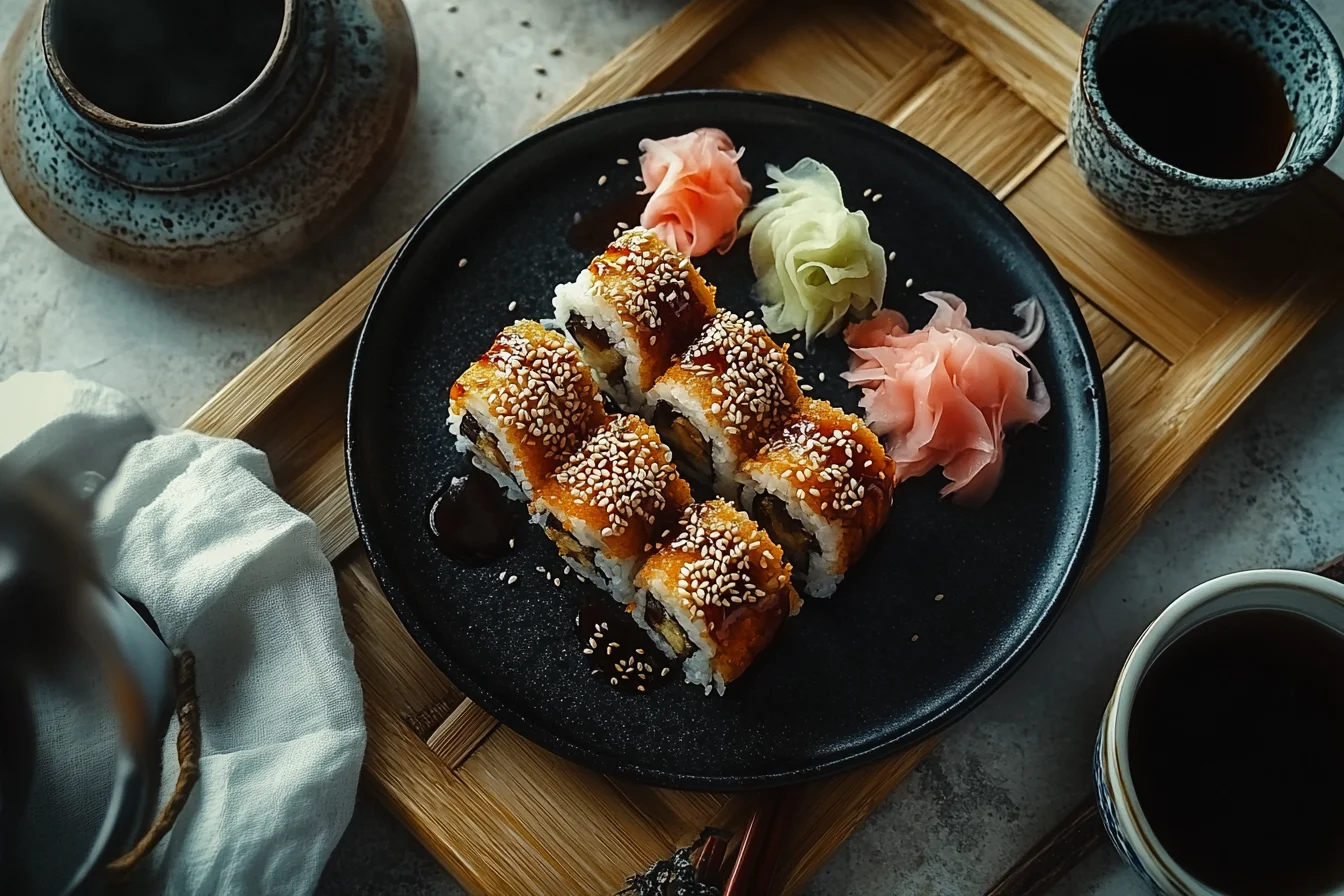 Sweet Potato Tempura Roll garnished with sesame seeds and drizzled with teriyaki sauce, served with pickled ginger on a black plate.