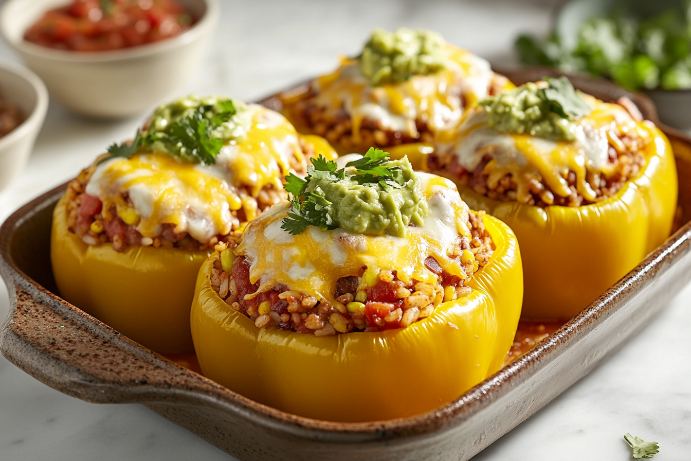 Taco Stuffed Peppers topped with melted cheese, guacamole, and fresh cilantro in a baking dish.