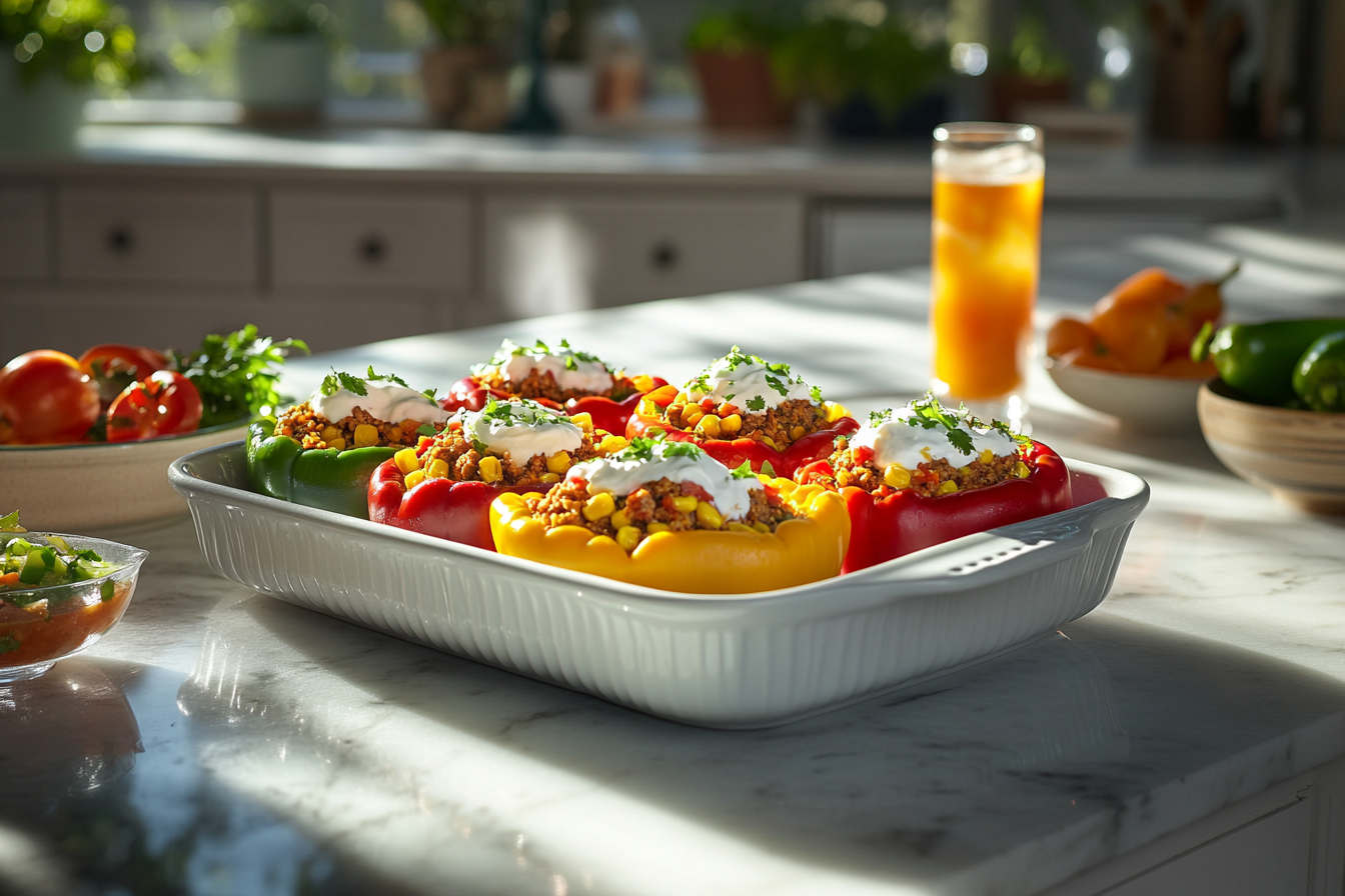 Vibrant Taco Stuffed Peppers in a baking dish, topped with sour cream and cilantro, set on a kitchen counter with fresh ingredients and beverages in the background.