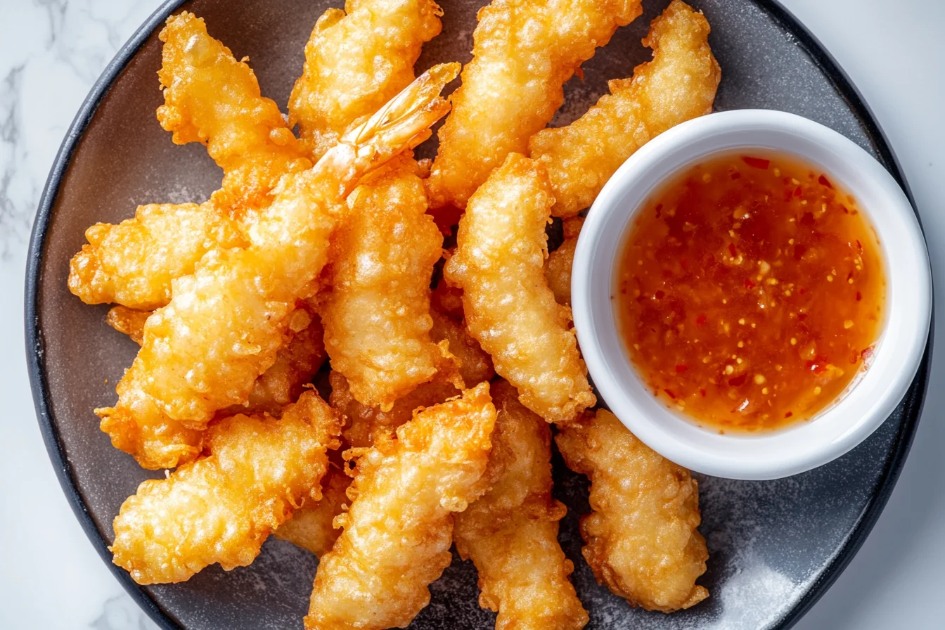 A plate of crispy golden tempura with a bowl of sweet chili dipping sauce.