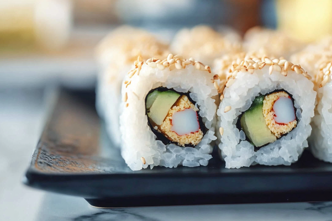 Close-up of a tempura roll featuring crab, avocado, cucumber, and rice, wrapped in seaweed and topped with sesame seeds.