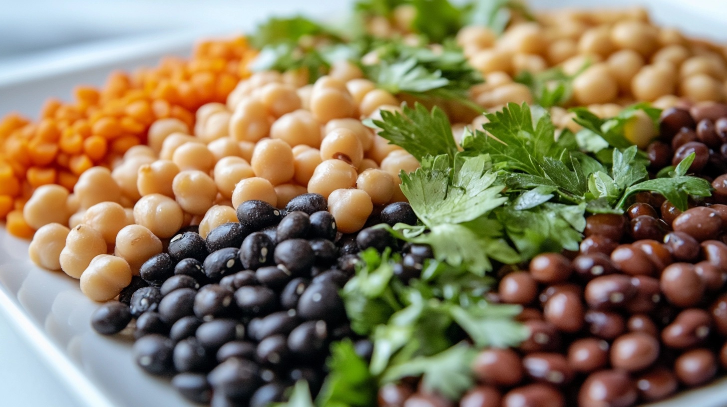 A close-up view of assorted beans, including chickpeas, black beans, red beans, and orange lentils, garnished with fresh parsley on a white platter.