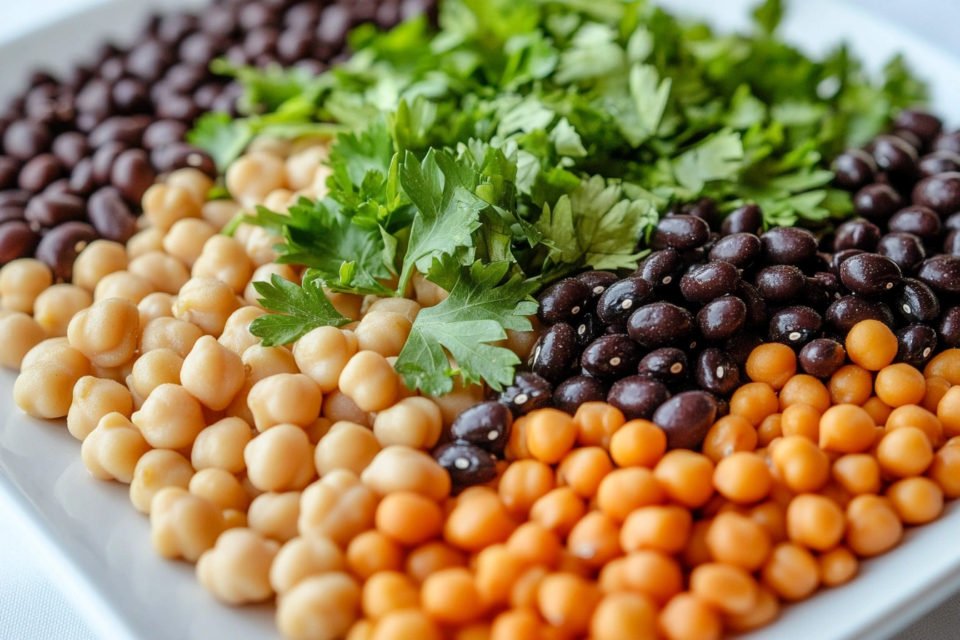 A close-up view of assorted beans, including chickpeas, black beans, red beans, and orange lentils, garnished with fresh parsley on a white platter.