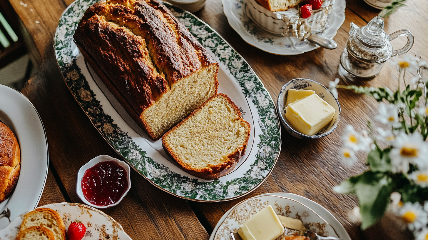 A beautifully baked loaf of banana bread served on a decorative plate with slices of butter, jam, and fresh strawberries, set on a rustic wooden table surrounded by vintage-style crockery and wildflowers.