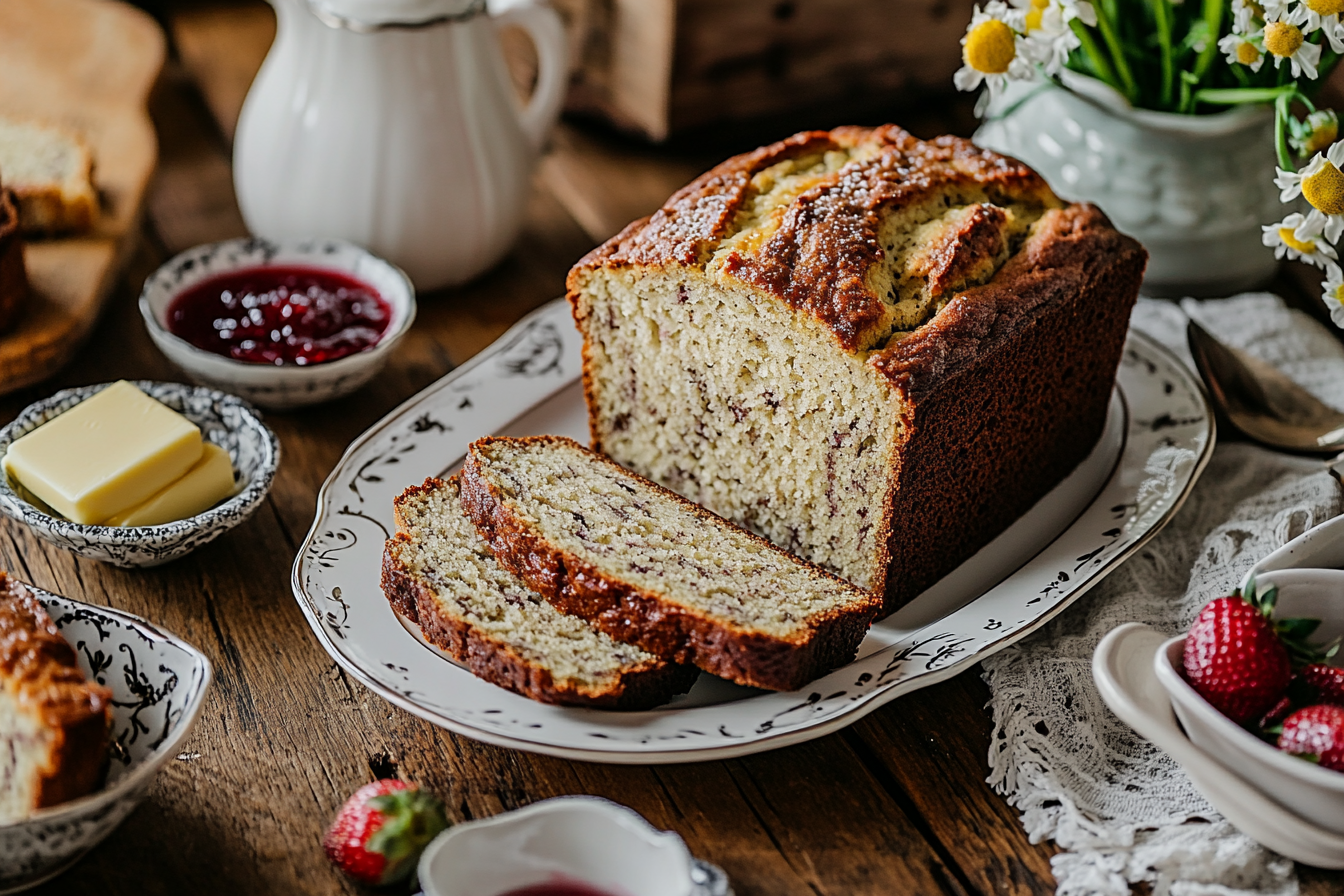 A beautifully baked loaf of banana bread served on a decorative plate with slices of butter, jam, and fresh strawberries, set on a rustic wooden table surrounded by vintage-style crockery and wildflowers.