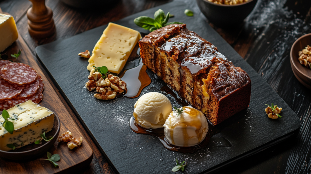 A gourmet presentation of banana bread on a slate serving board, paired with scoops of vanilla ice cream, caramel drizzle, sliced cheese, walnuts, and charcuterie.