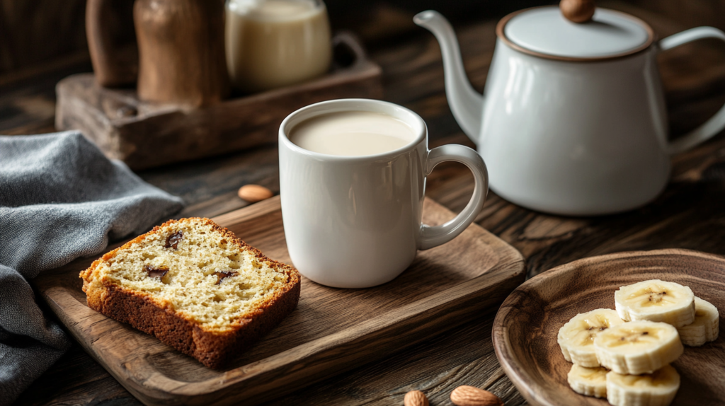 A cozy setup featuring a slice of banana bread with chocolate chips on a wooden tray, a cup of milk tea, and a plate of fresh banana slices.