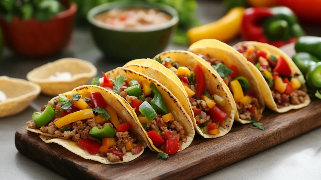 A row of tacos filled with colorful bell peppers, seasoned meat, and fresh cilantro, served on a wooden platter with a side of salsa.