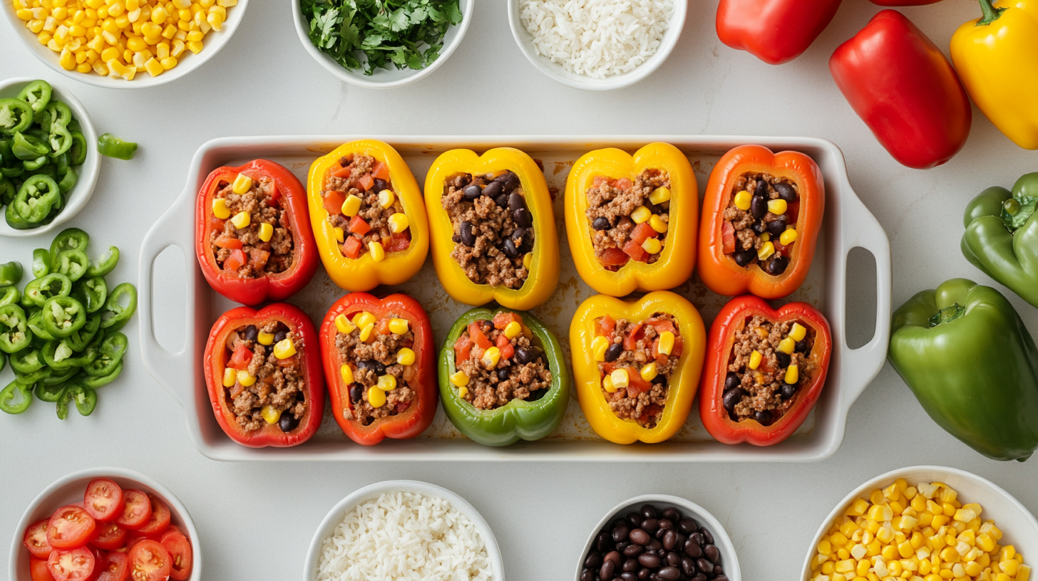 A baking dish filled with colorful stuffed bell peppers, surrounded by bowls of fresh ingredients including rice, beans, tomatoes, and jalapeños.