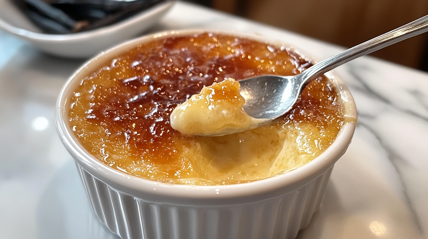 Close-up of a crème brûlée in a white ramekin with a spoon breaking through the caramelized sugar topping, revealing the creamy custard underneath.