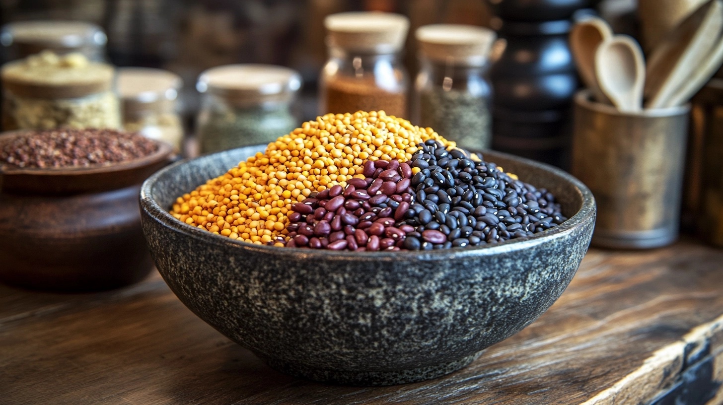 A rustic black bowl filled with three types of dense beans—yellow, red, and black—sitting on a wooden table surrounded by jars of grains and spices.