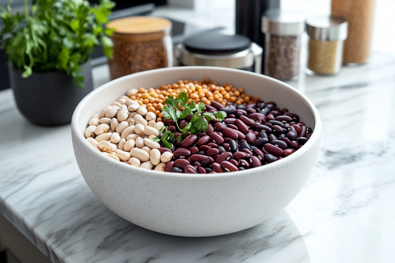 A bowl filled with a colorful variety of dried beans and lentils, including white beans, kidney beans, and yellow lentils, garnished with fresh parsley.