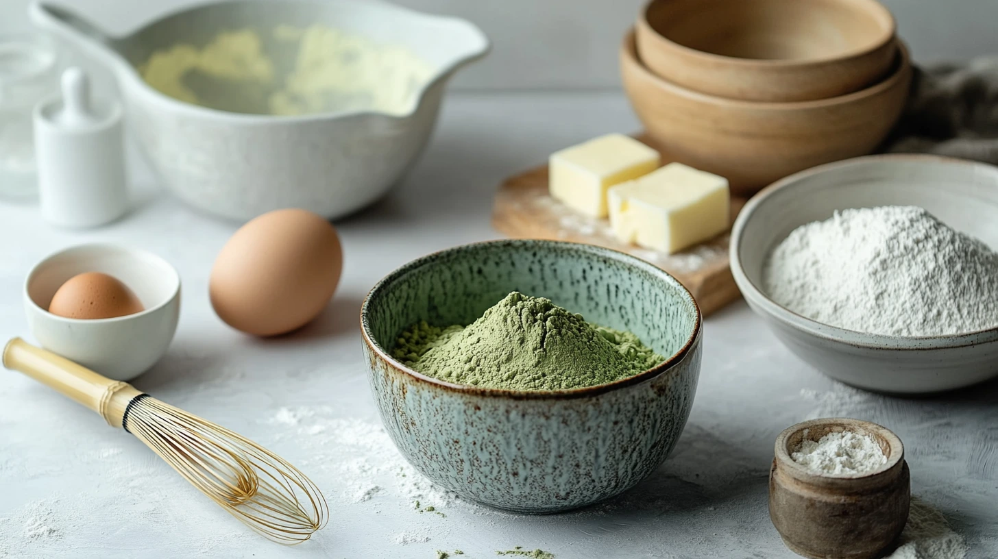 A kitchen setup with matcha powder in a ceramic bowl, eggs, butter, flour, and baking tools arranged neatly on a countertop.