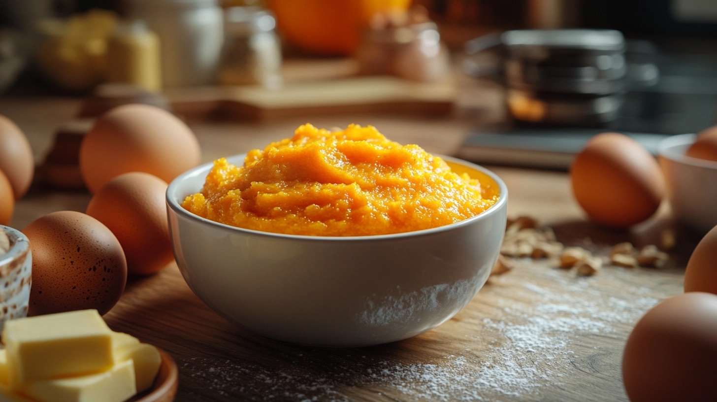 A bowl of vibrant orange pumpkin puree surrounded by baking ingredients such as eggs, butter, and flour on a wooden kitchen countertop