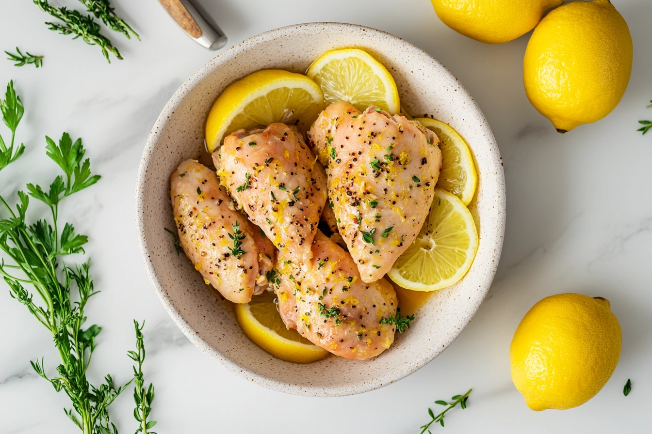 Top-down view of a bowl filled with raw chicken breasts seasoned after rubbing lemon on the chicken, coated with lemon zest, cracked black pepper, and fresh herbs. Lemon slices are arranged around the chicken in the bowl. The bowl rests on a white marble countertop, surrounded by fresh herbs and whole lemons