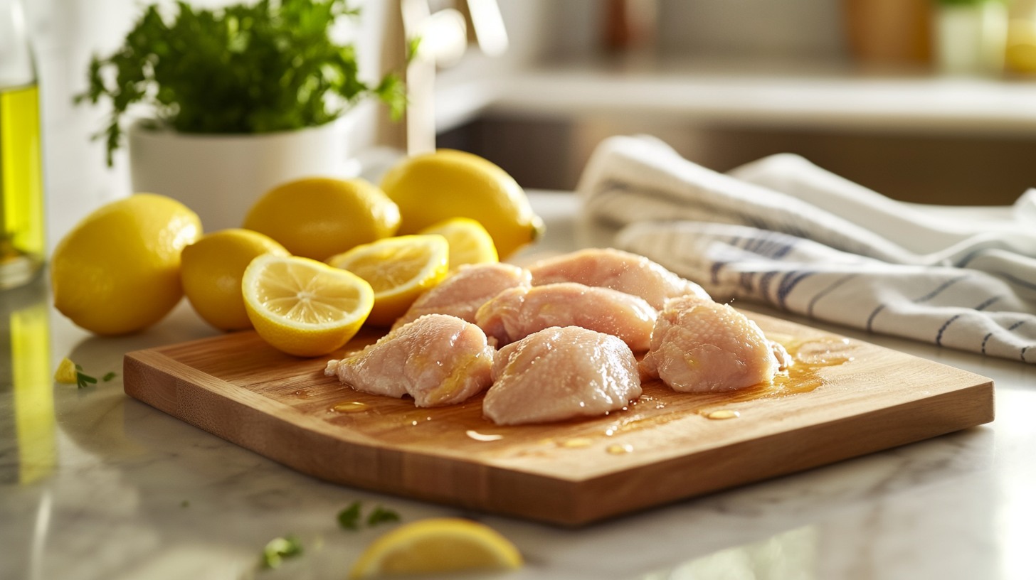 Raw chicken pieces marinated with lemon juice on a wooden cutting board, surrounded by fresh lemons and parsley in a bright kitchen setting.