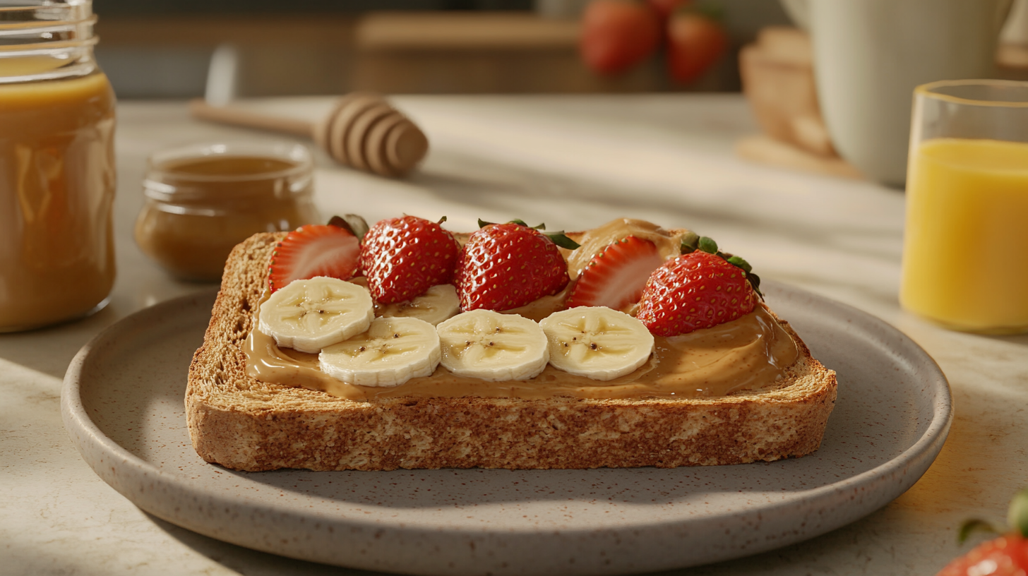 A slice of whole-grain toast topped with creamy peanut butter, fresh banana slices, and strawberries, served on a ceramic plate with jars of honey and a glass of orange juice in the background, creating a wholesome breakfast setting.