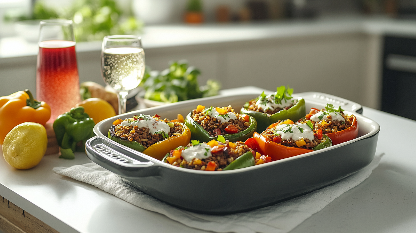 A baking dish with vibrant stuffed bell peppers topped with yogurt sauce and fresh herbs, accompanied by glasses of sparkling beverages and fresh ingredients.