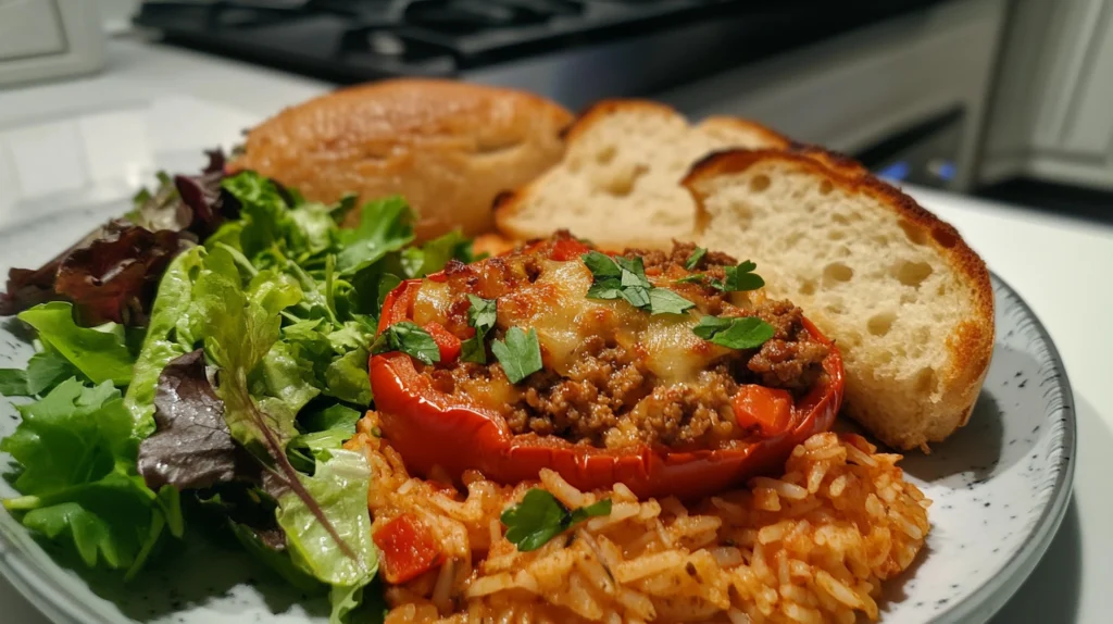 A plate featuring a stuffed red bell pepper with melted cheese, served alongside seasoned rice, fresh salad greens, and slices of crusty bread.