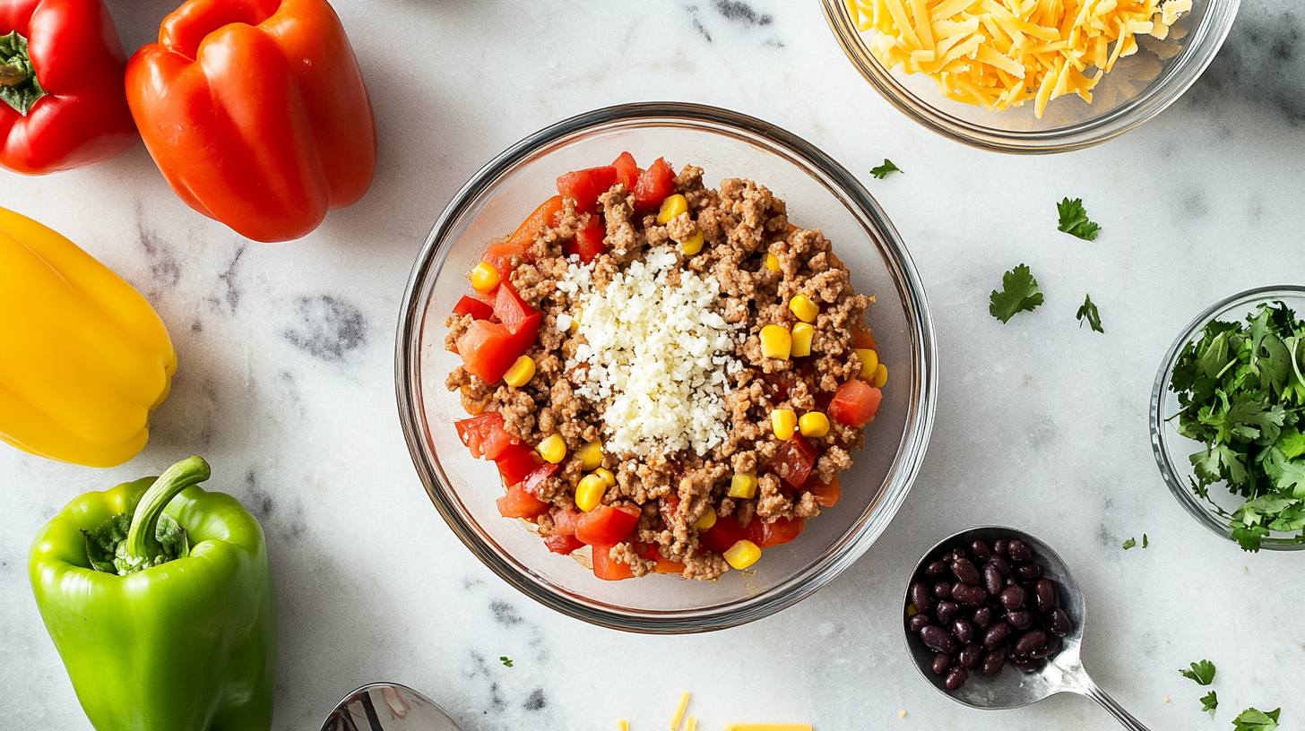 A bowl of seasoned ground meat, corn, diced tomatoes, and cheese surrounded by fresh bell peppers, shredded cheese, black beans, and cilantro.