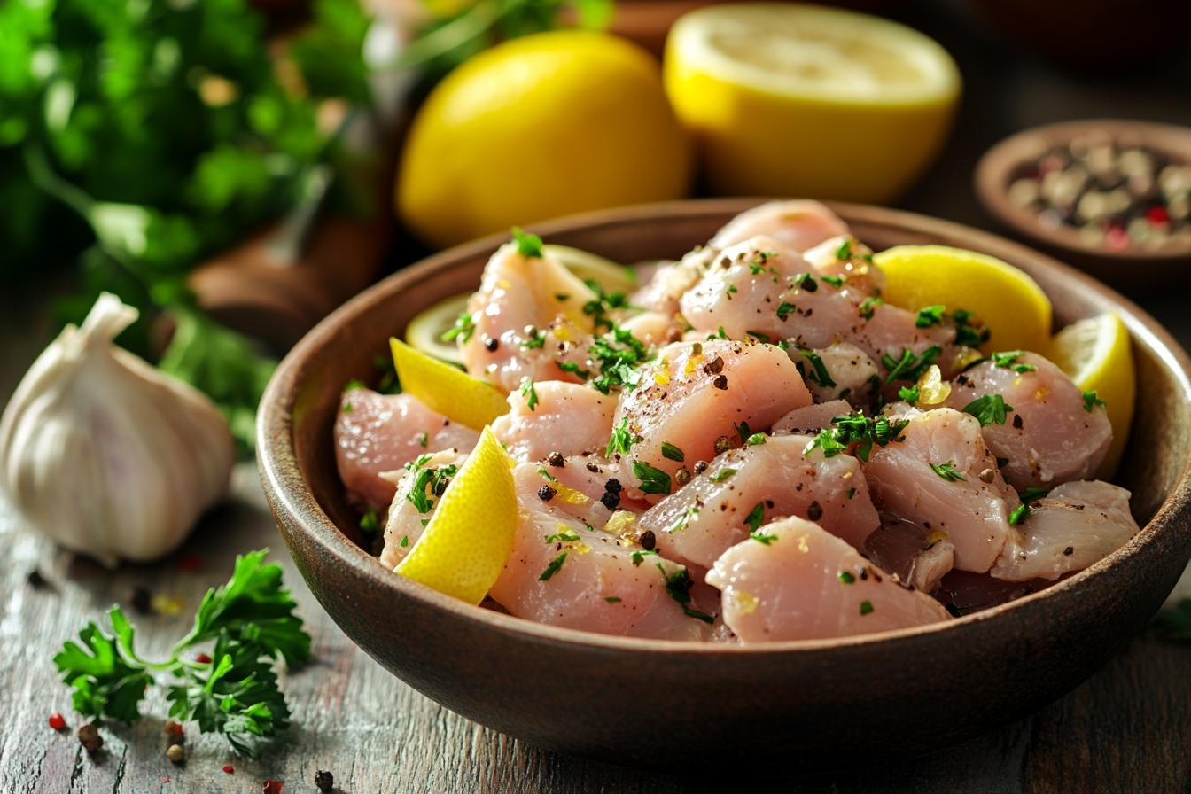 Raw chicken marinated with lemon wedges, fresh herbs, garlic, and spices in a rustic wooden bowl on a kitchen countertop.