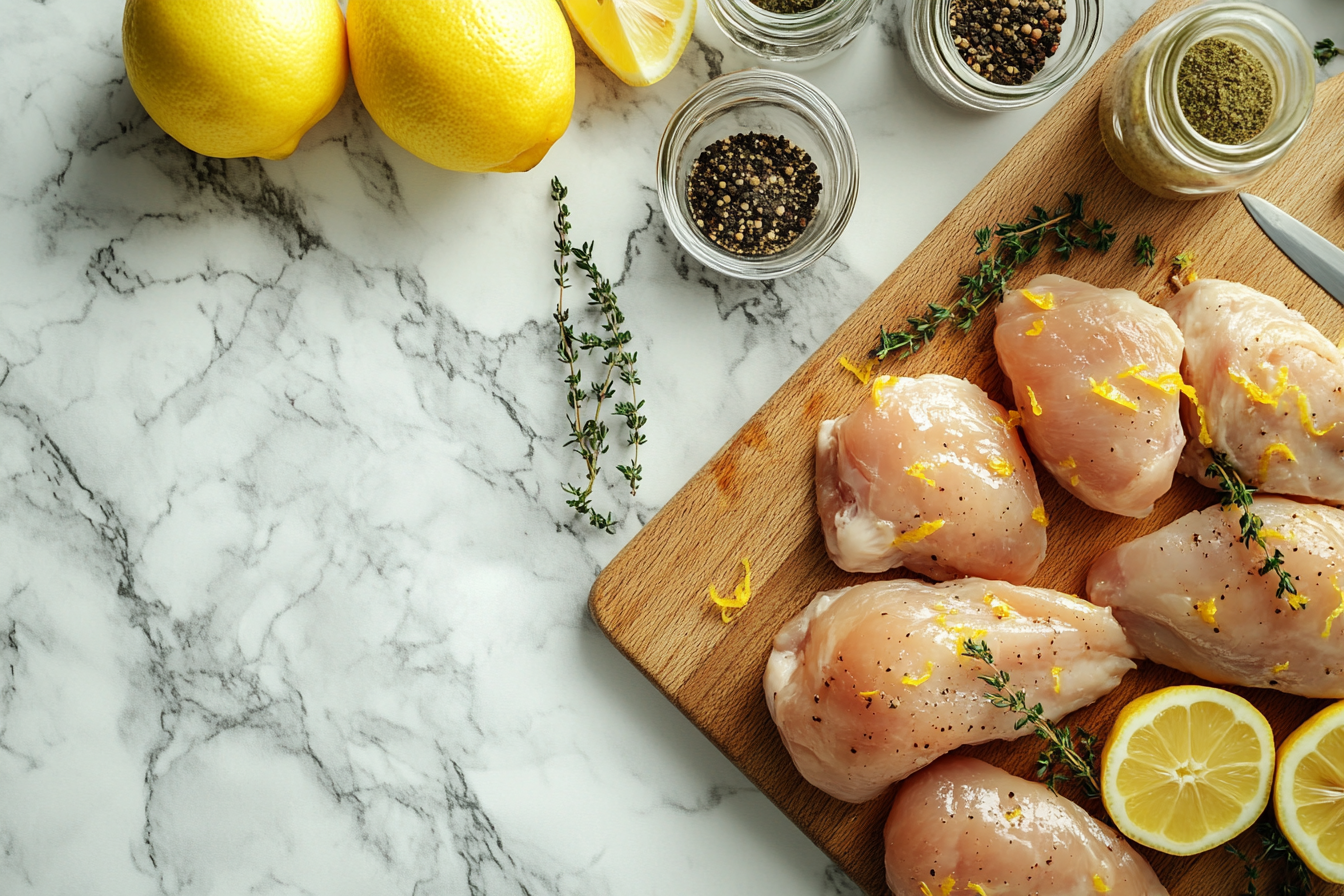 Fresh raw chicken breasts seasoned with lemon zest, black pepper, and thyme on a wooden board, surrounded by jars of spices and fresh lemons on a marble countertop.