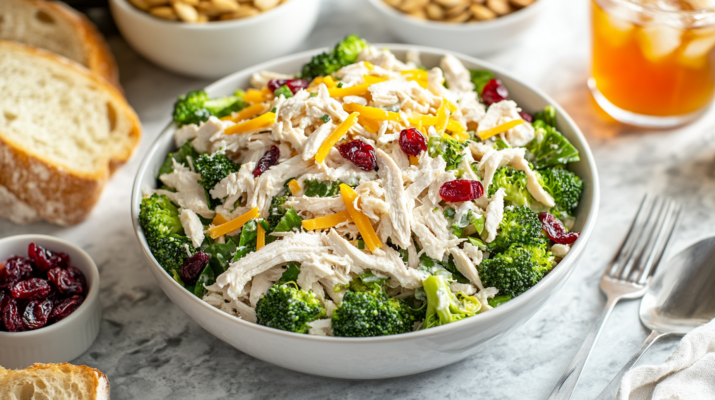 A bowl of chicken salad with shredded chicken, fresh broccoli, cheddar cheese, and dried cranberries, surrounded by bread slices, almonds, and iced tea on a marble table.