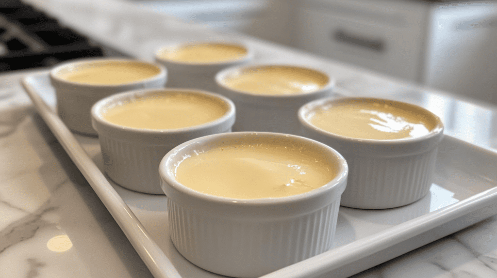 Freshly prepared crème brûlée custards in white ramekins arranged on a rectangular tray in a bright kitchen setting