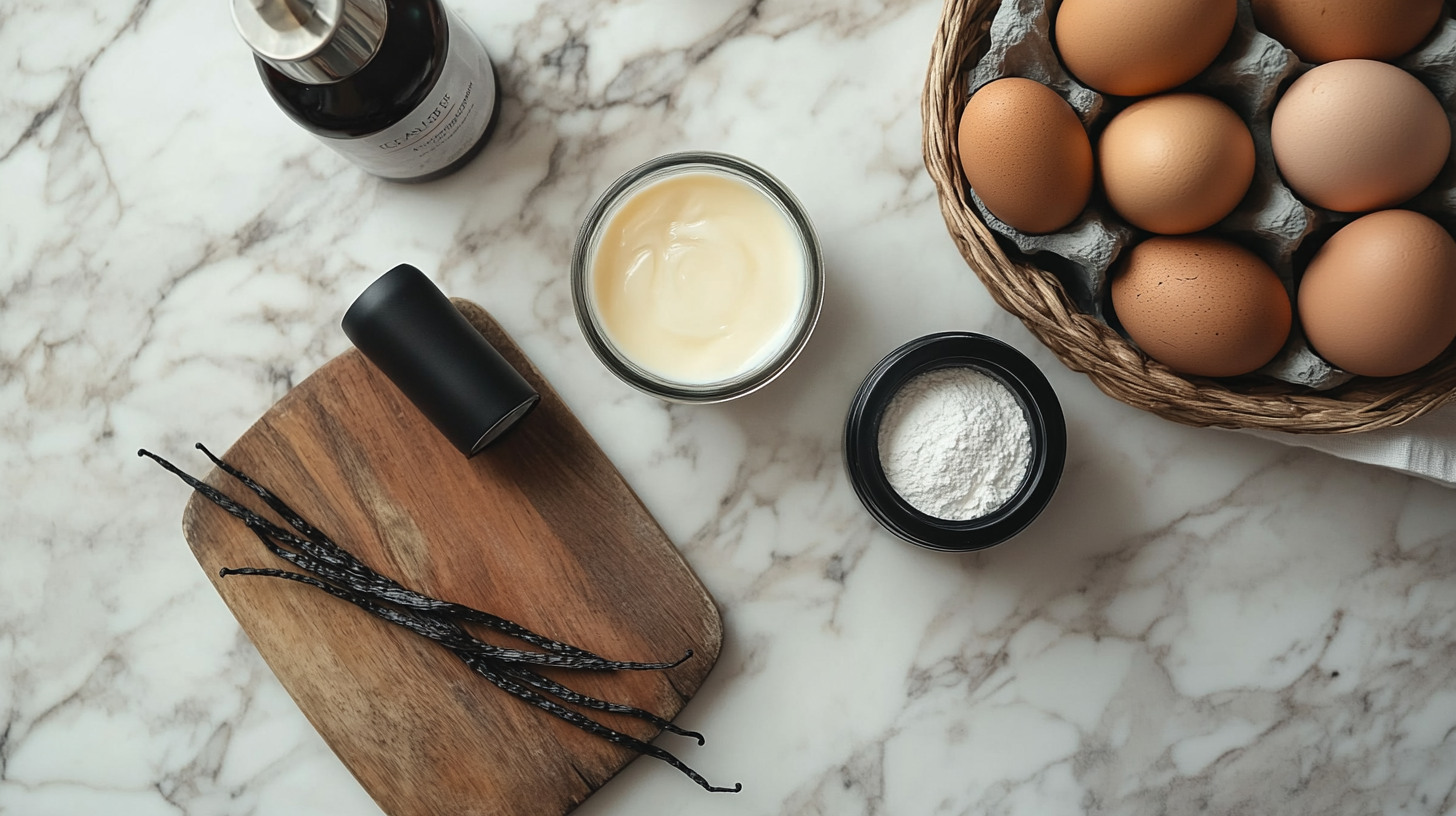 Ingredients for crème brûlée on a marble countertop, including vanilla pods on a wooden board, a bowl of egg yolks, a basket of eggs, sugar, and vanilla extract.